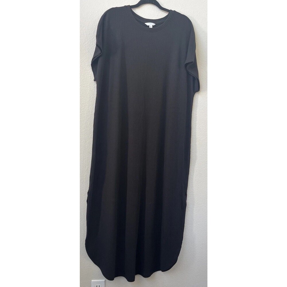 Time And Tru Black Ribbed Knit T-shirt Dress XXL Side Slits Short Sleeve